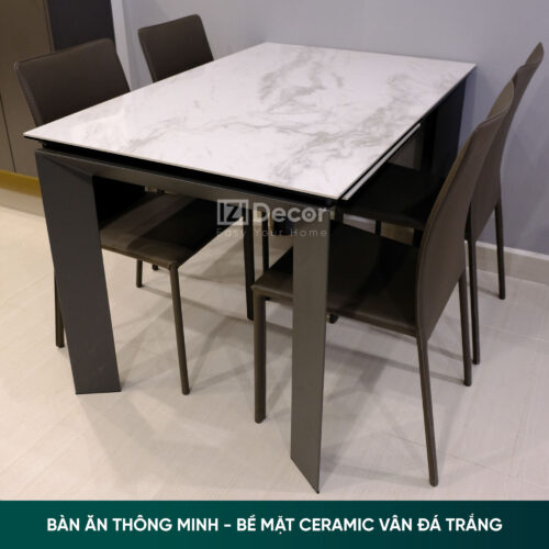 Bàn ăn thông minh, bề mặt Ceramic màu trắng vân đá