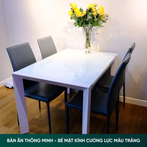 Bàn ăn thông minh, bề mặt kính cường lực màu trắng