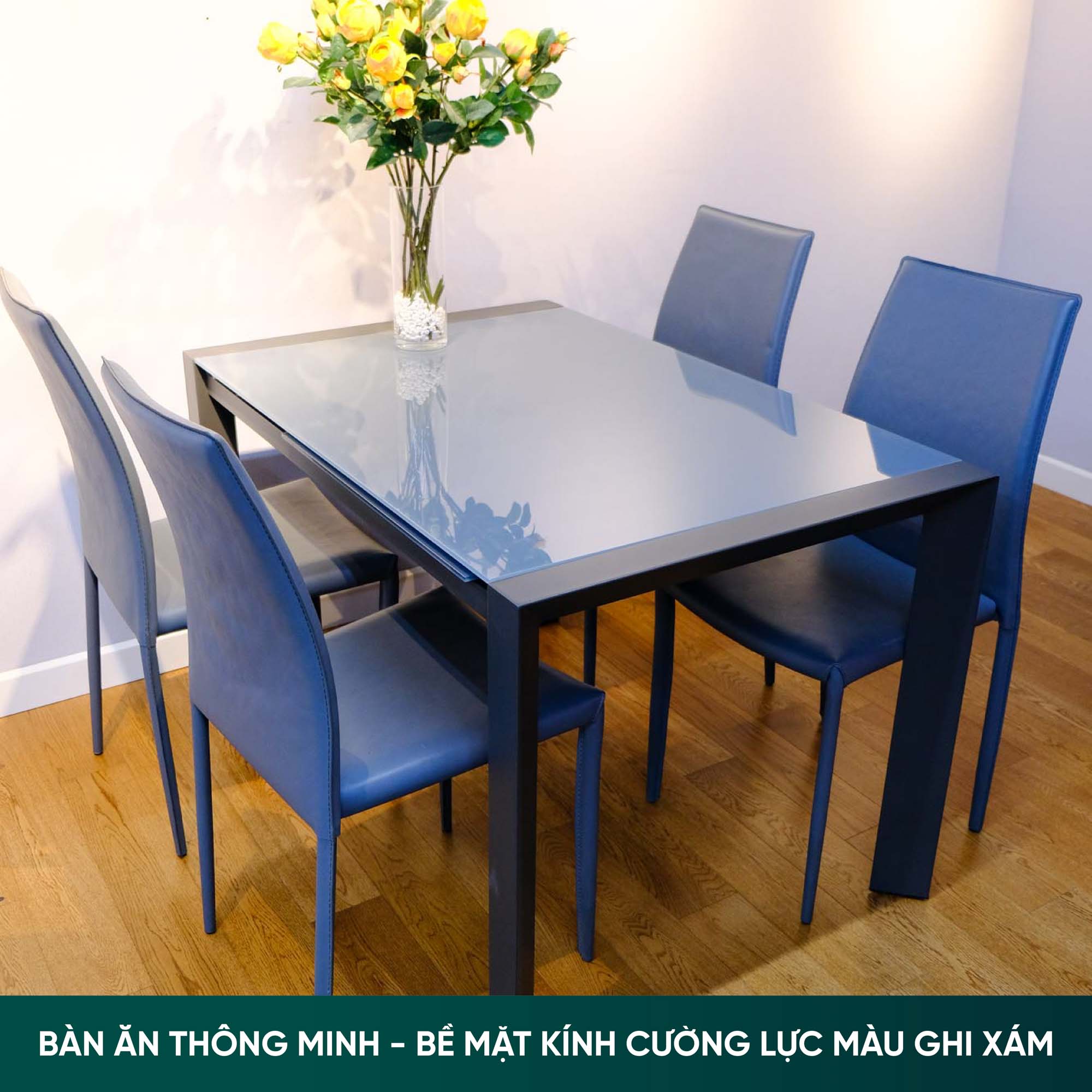 Bàn ăn thông minh, bề mặt kính cường lực màu ghi xám